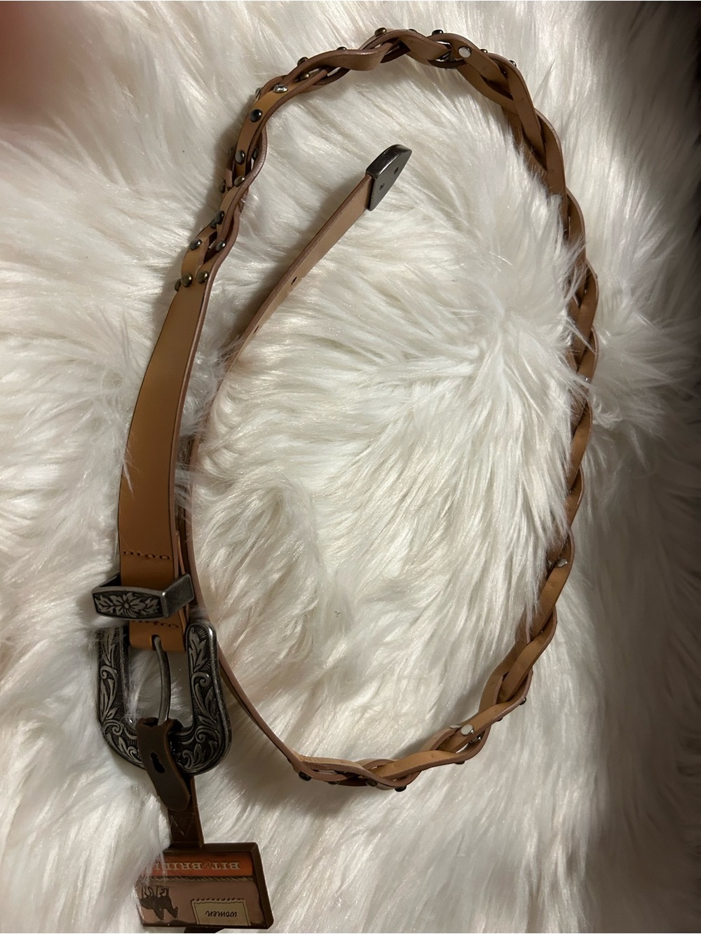 Braided Tan Leather Belt with Decorative Buckle - Unbranded